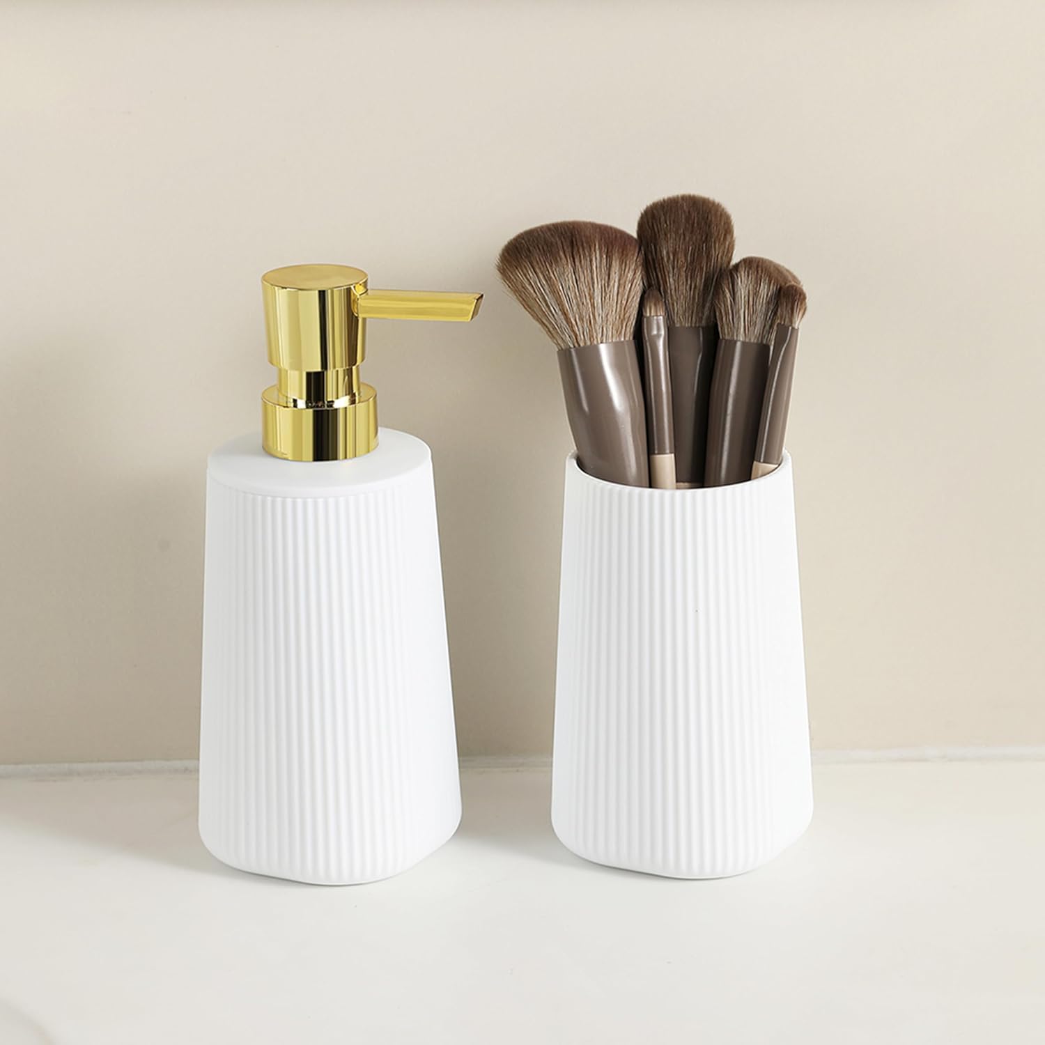 Bathroom Accessories 2 Piece Soap Dispenser and Toothbrush Holder Set Striped White and Gold