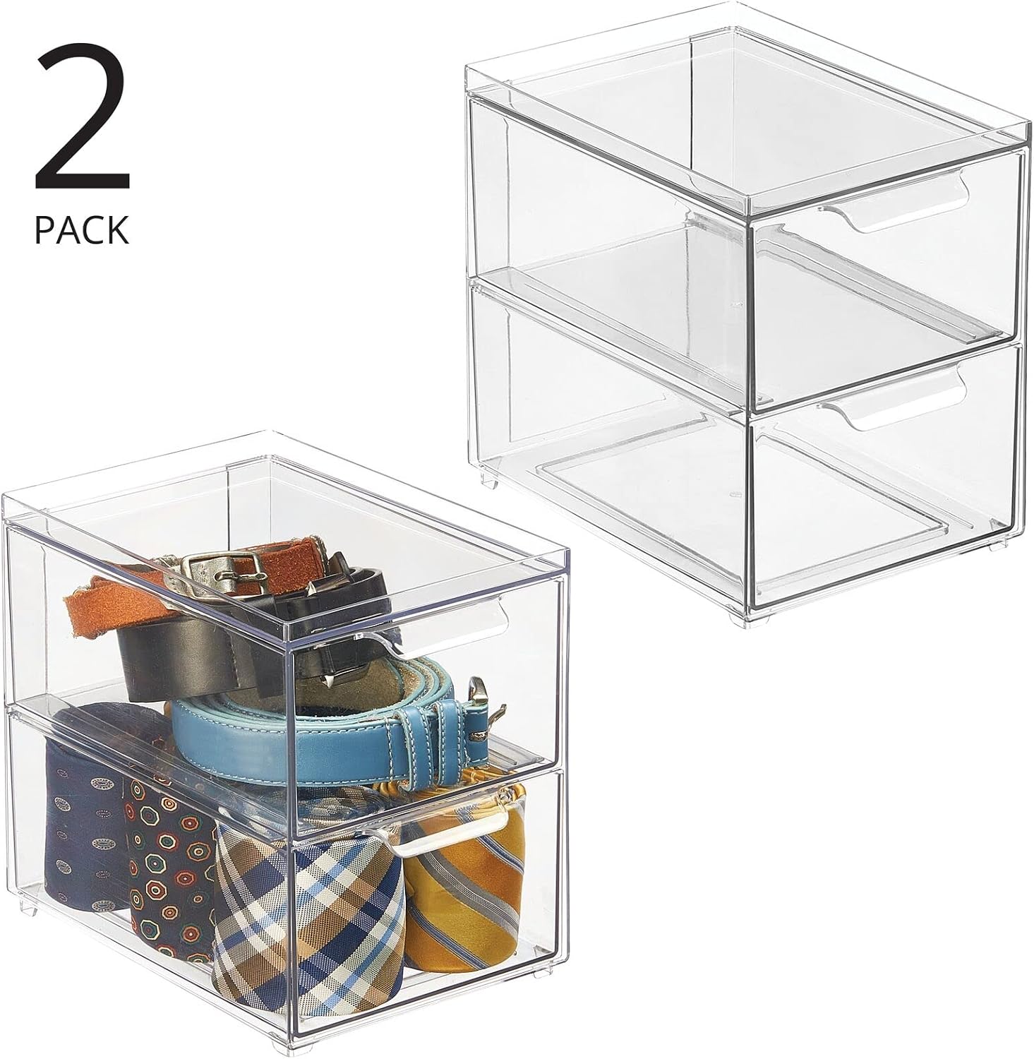 mDesign Stackable Storage Containers Box with 2 Pull-Out Drawers - Stacking Plastic Drawer Bins for Closet Organization, Linen, Coat, Bedroom or Entryway Closets - Lumiere Collection - 2 Pack - Clear