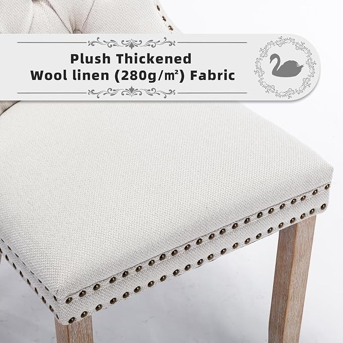Linen Upholstered Dining Chairs Set of 2, Modern Style Kitchen Side Chairs with Nailhead Trim and Wood Leg, Metal Pulling Ring for Dining Room Living Room(Beige,Set of 2)