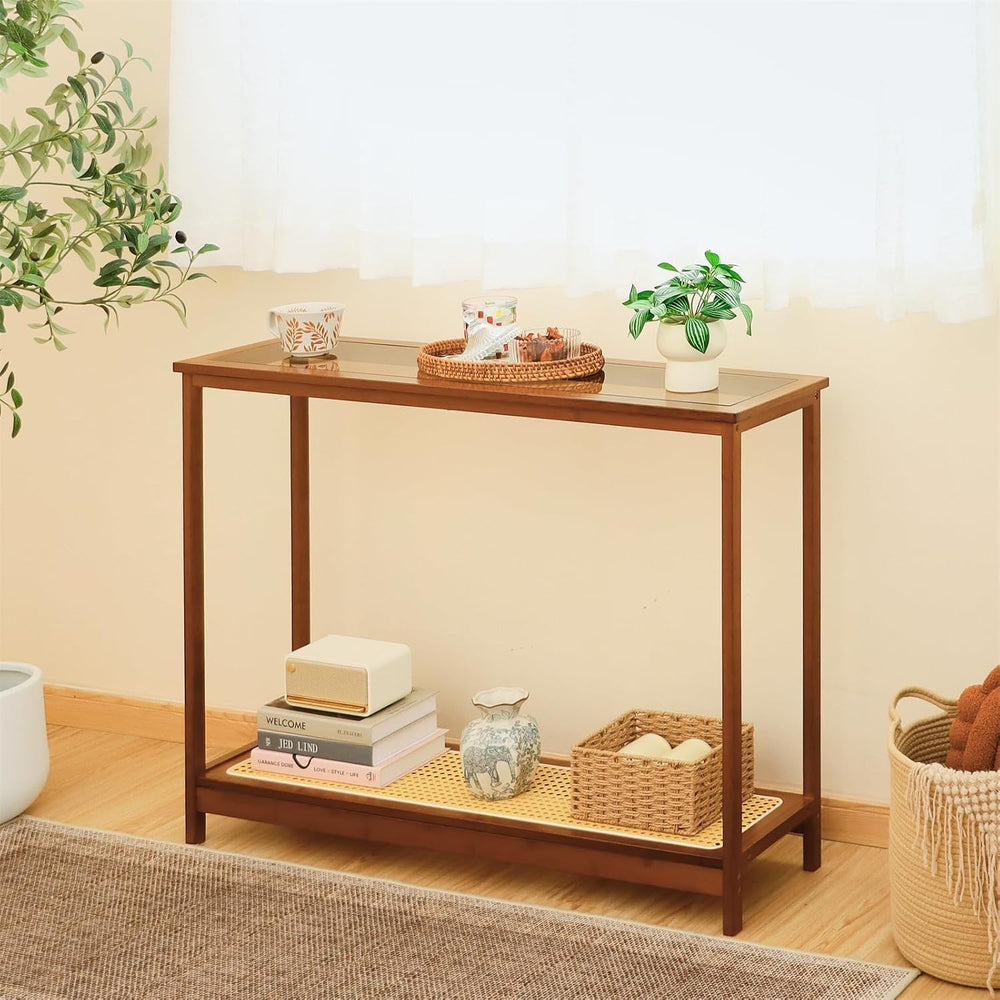 Bamboo Narrow Console Table, 39.4"(L) Wood Small Entryway Table with Rat...