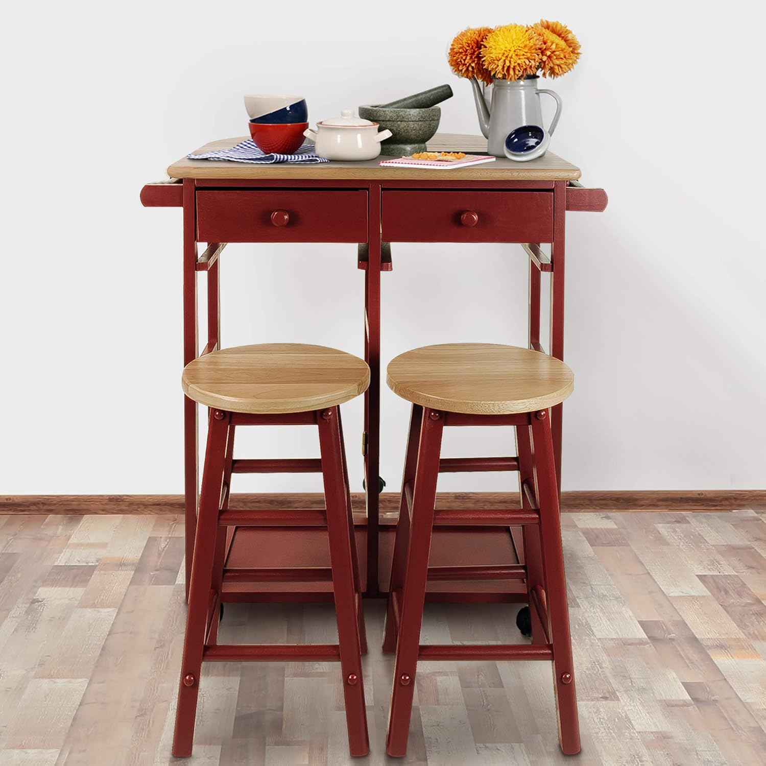 Casual Home Drop Leaf Breakfast Cart with 2 Stools-Red