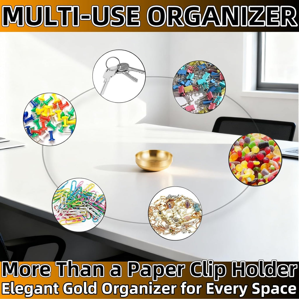 4-Inch Gold Decorative Bowl Paper Clip Holder,Stainless Steel Dual-Purpose Round Small Storage Tray & Cute Jewelry Organizer for Office Desk,Bathroom Vanity,Home & School