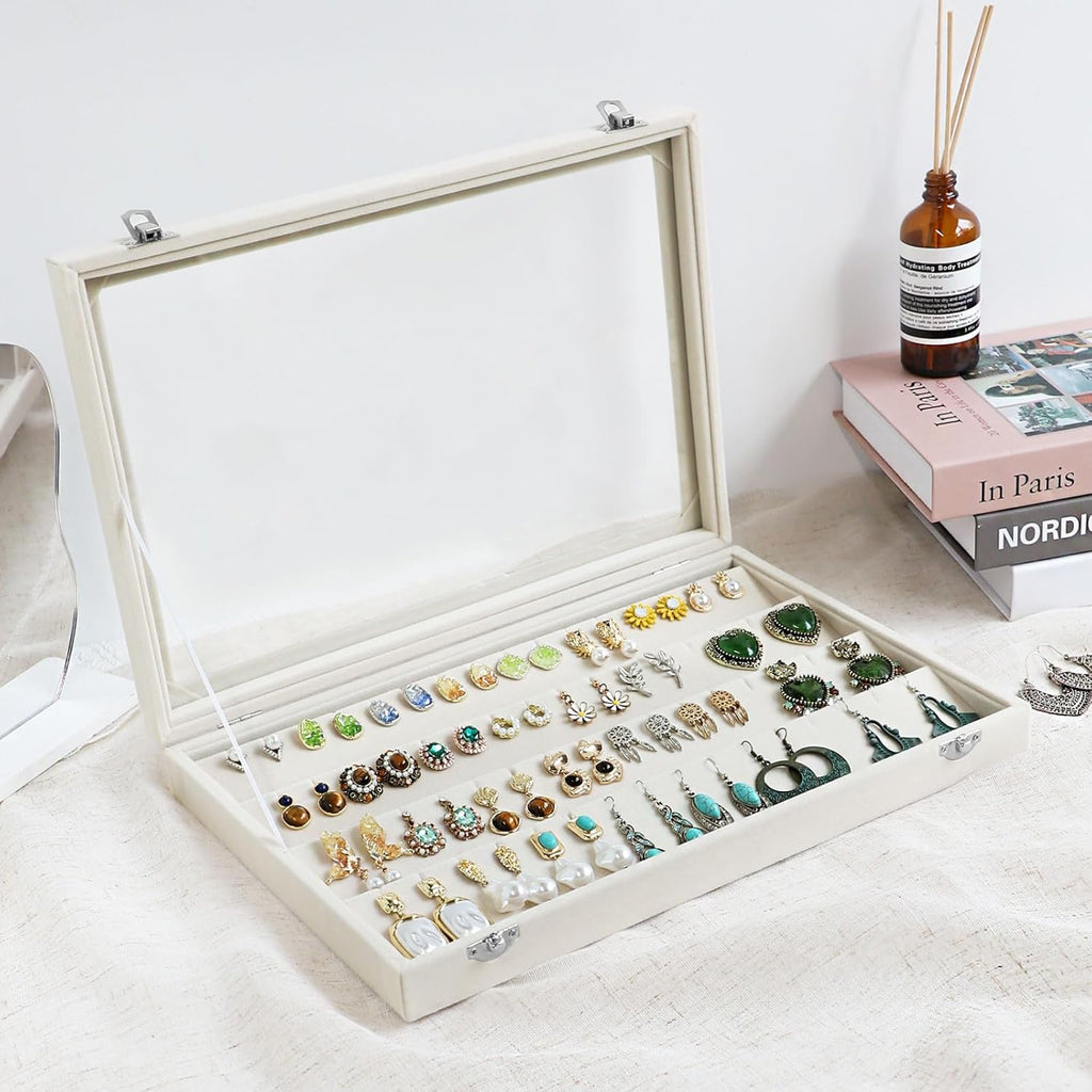 Wudygirl Jewelry Organizer Velvet Earring Organizer with Clear Lid 32 Pairs Earring Holder Jewelry Tray Display Case (Beige 64 Slot)