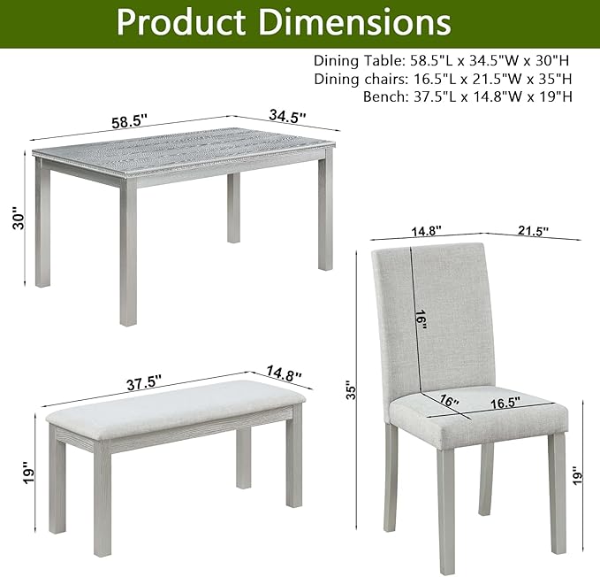 KEIKI 6-Piece Standard Height Dining Table Set with Rectangular Table, 4 Upholstered Chair, Bench, for 6 Person, Crystal Decoration Table Set, Easy Assembly, for Kitchen, Dining Room, Silver Grey