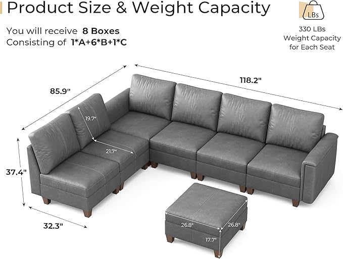 SITJOY 118" Faux Leather Modular Sectional Sofa with Storage, Mid Century Modern Sectional Couches for Living Room, Soft Padded Armrests, 7 Seat L Shaped Couch with Ottoman, Gray