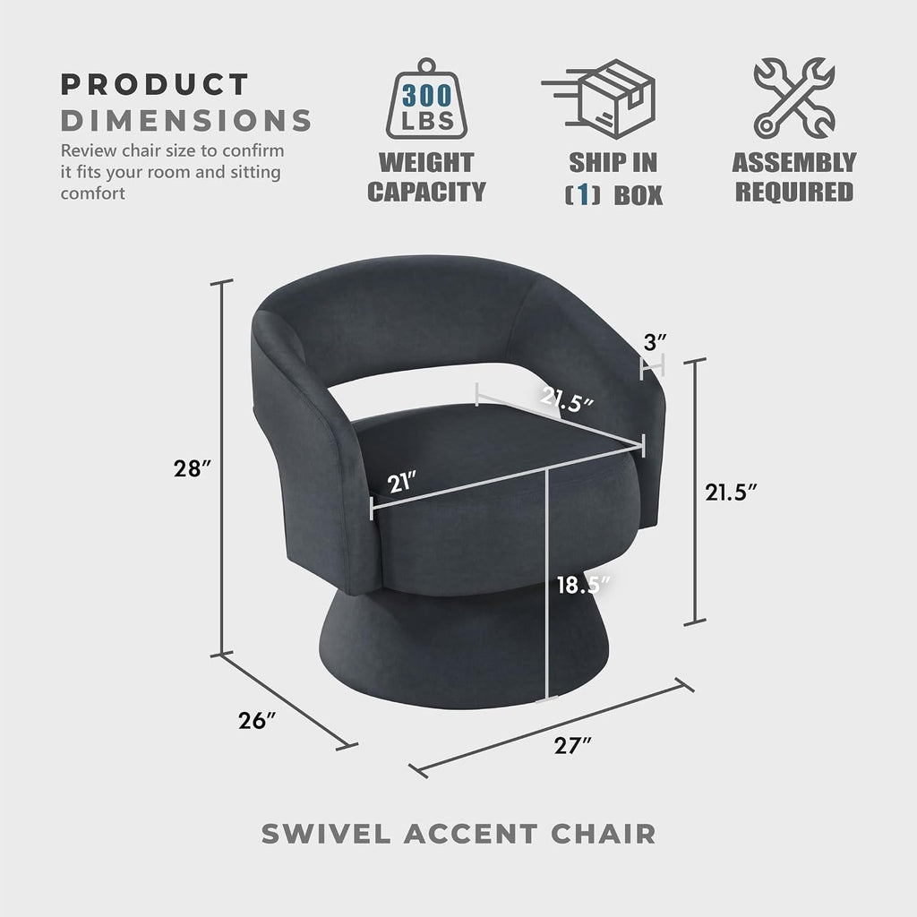 Lexicon Swivel Accent Chair, Modern Velvet Round Barrel Chair, Dark Gray | Swivel Chair with Open Back, Plush Foam Cushions, Metal Swivel Base for Living Room/Bedroom/Office/Small Spaces