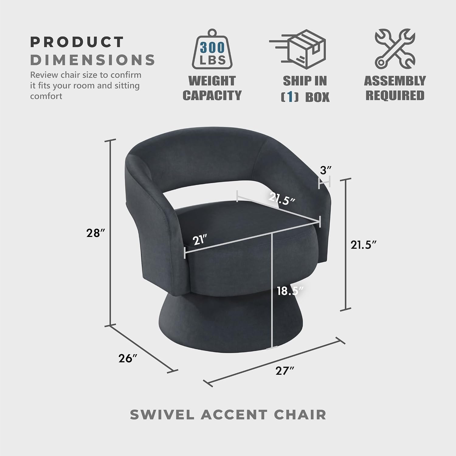 Lexicon Swivel Accent Chair, Modern Velvet Round Barrel Chair, Dark Gray | Swivel Chair with Open Back, Plush Foam Cushions, Metal Swivel Base for Living Room/Bedroom/Office/Small Spaces