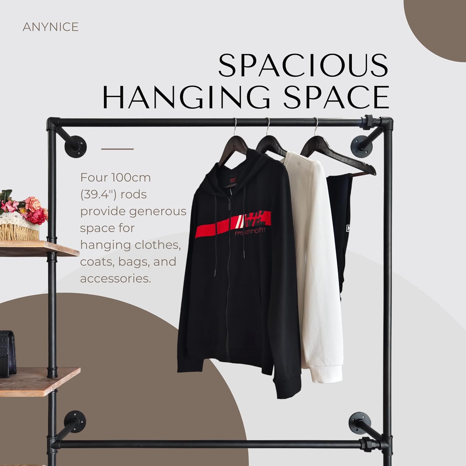 Industrial Pipe Clothing Rack, Wall Mounted Garment Hanging Rack with Shelves, 14.6x122.8x82.7 Inches, Model Y05