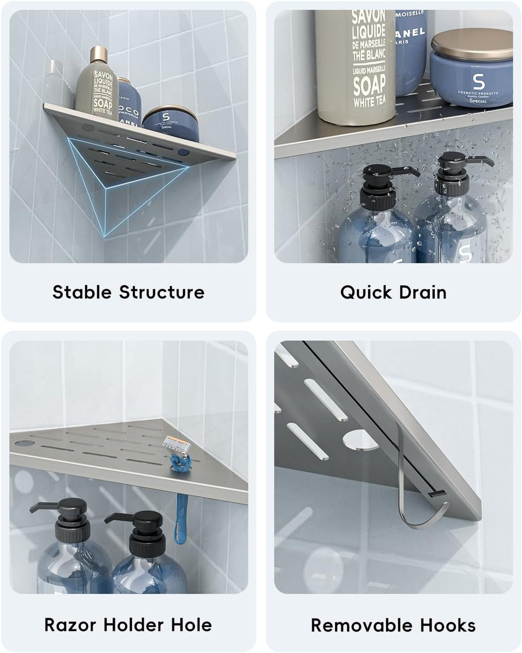 DAYONE 10" Corner Shower Shelf Brushed Nickel, 304 Stainless Steel Slot Design Recessed Corner Shelves with 2 Hooks and 4 Holes, for Bathroom Shower Kitchen 2 Pack