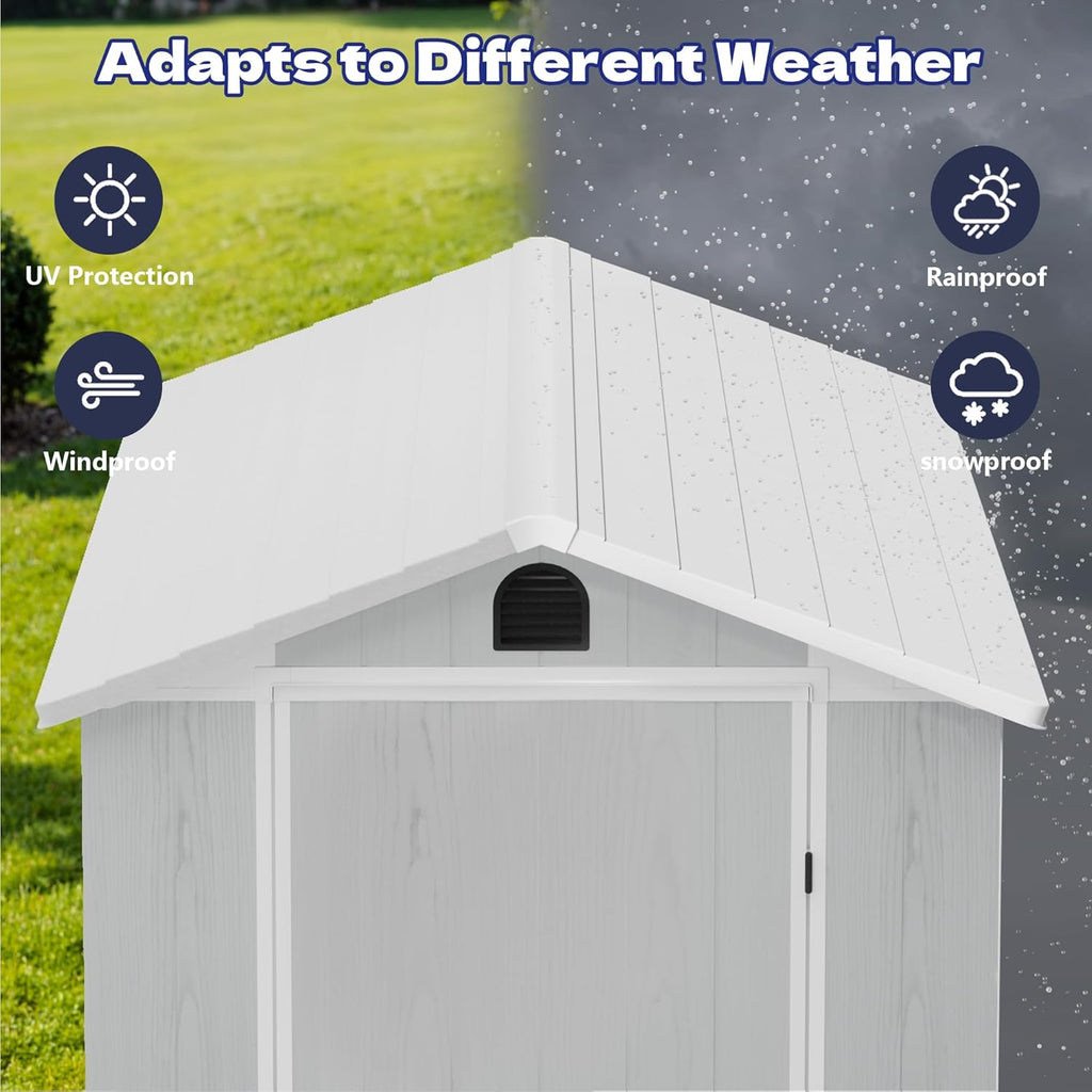 Greesum 4x8FT Plastic Outdoor Storage Shed with Floor, Resin Storaged Sheds with Lockable Door, Window & Vent, All-Weather Tool Sheds for Garden, Backyard, Patio, Light Gray (One-Piece Panel)