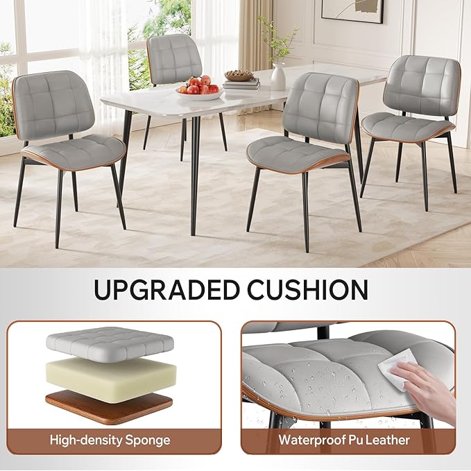 Dining Chairs Set of 4, Mid Century Modern Dining Room Chair, Upholstered Faux Leather Kitchen Chairs with Thick Cushion and Walnut Bentwood Back for Kitchen Dining Room, Grey