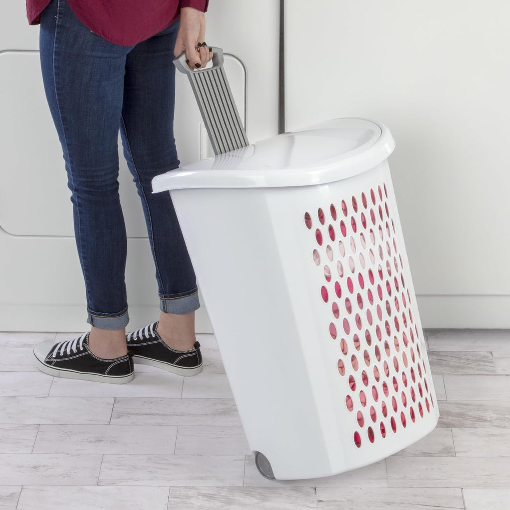 White Rolling Laundry Hamper with Wheels, 2-Bushel Large Capacity Ventilated Plastic Hamper with Lid & Retractable Handle, Portable Laundry Basket for Dorms, Apartments and Bedrooms