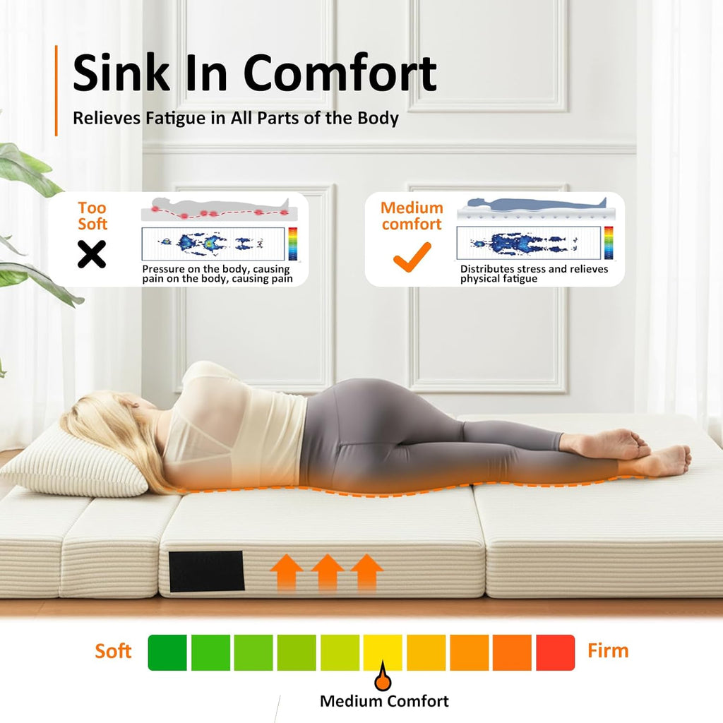 Single Size Folding Sofa Bed - 4 in 1 Convertible Sleeper Chair - High Density Memory Foam Futon Couch - Foldable Bed for Living Room Bedroom (Beige)