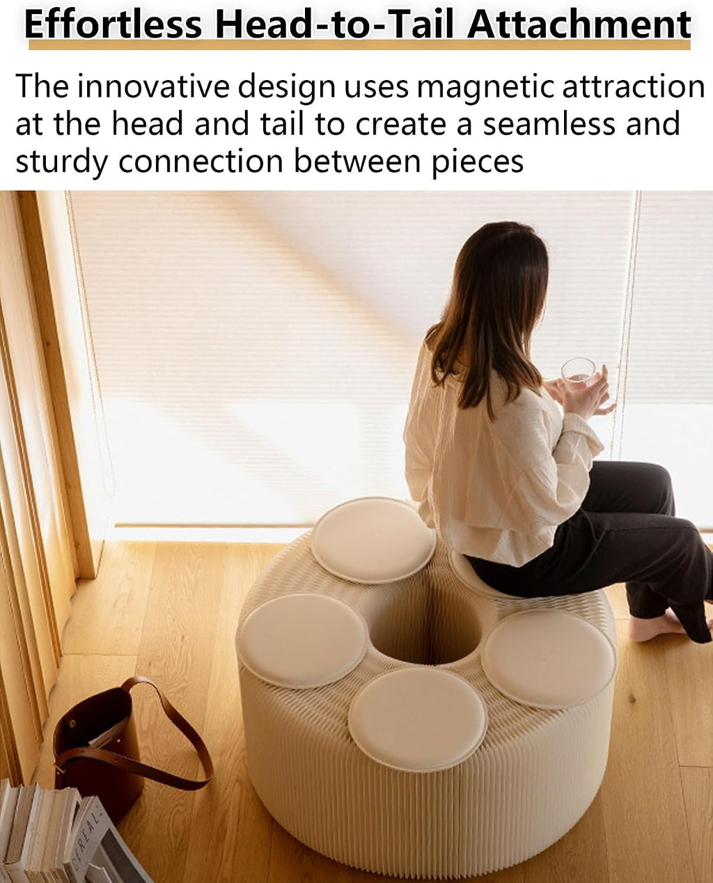 Paper Folding Stools, Collapsible Stool with Round Cushions, Accordion Telescopic Portable Seat for Adults, Minimalist Furniture for Home School, Office(Brown,118" L x 11.8" W x 16.5" H 6Cush)