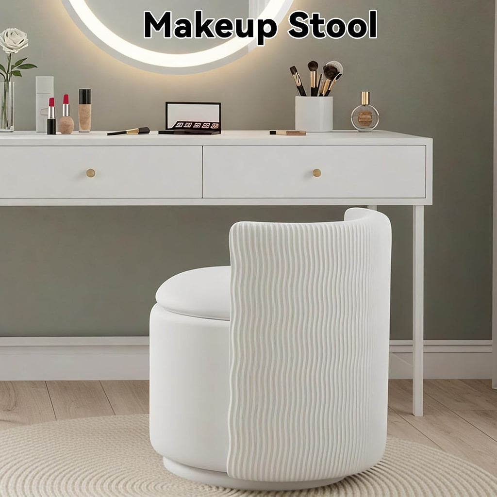 360° Swivel Velvet Vanity Chair with Storage, Barrel Makeup Chair with Wave Back, No Assembly Vanity Stool Small Accent Chairs for Living Room, White