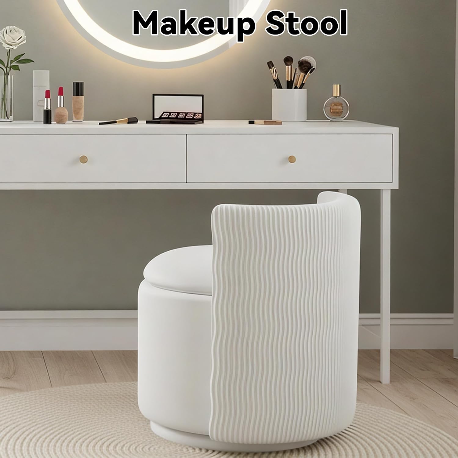 360° Swivel Velvet Vanity Chair with Storage, Barrel Makeup Chair with Wave Back, No Assembly Vanity Stool Small Accent Chairs for Living Room, White