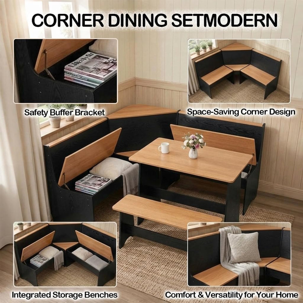 Farmhouse Breakfast Nook Table Set, Dining Nook Set with Corner Bench,with St...