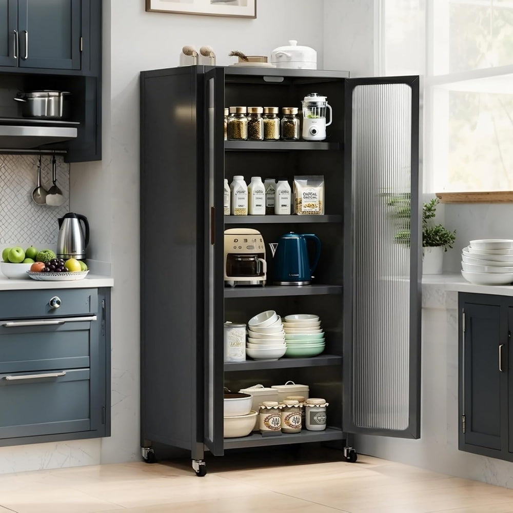 Kitchen Pantry Storage Cabinet, Gray 6 Tier Metal Display Cabinet with Transp...
