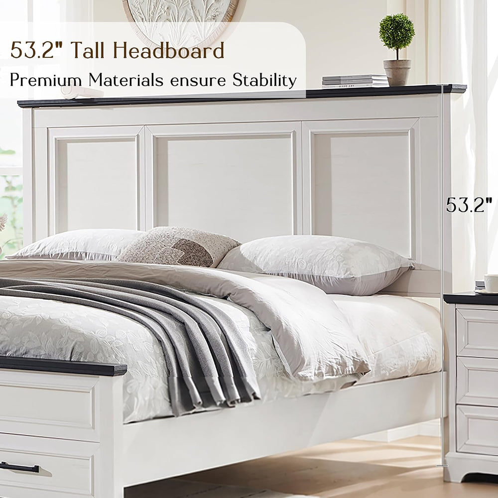 Farmhouse King Size Bed Frame with 53" Tall Headboard, Off White