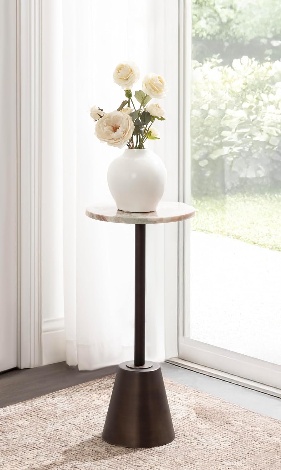 Kate and Laurel Tira Elegant Round Drink Table, 10 x 10 x 22, Brown Marble an...