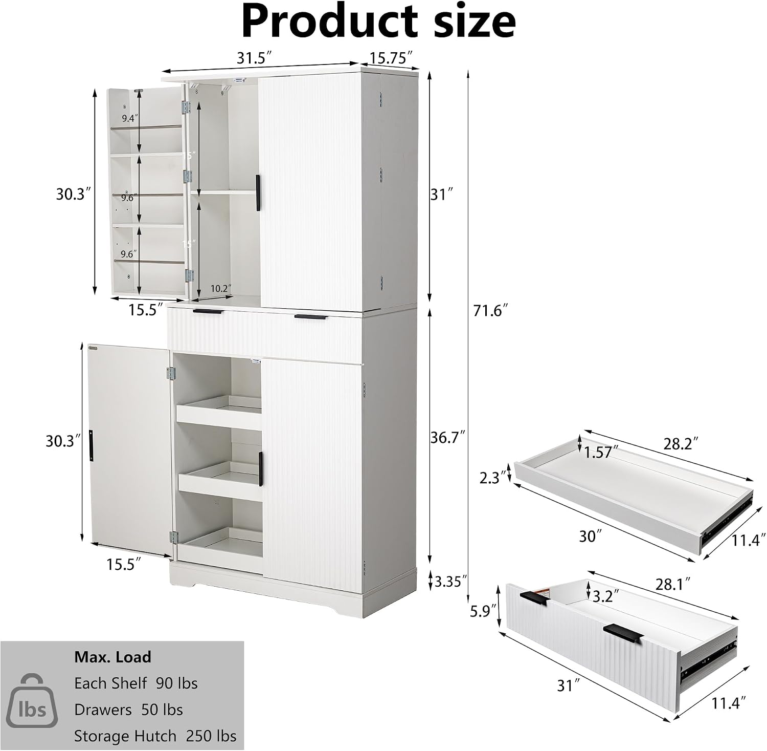 71.6'' Kitchen Pantry Cabinet, Fluted Storage Cabinet with 4 Doors + 6 Door Storage Shelves + 3 Sliding Shelves + 1 Drawer, Freestanding Wood Cupboard for Dining Room, Living Room, Bathroom