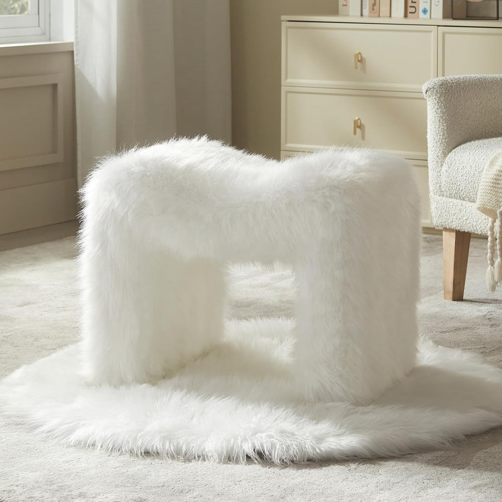 Vanity Stool Chair Small Footstool Ottoman Faux Fur Seating Backless Modern F...