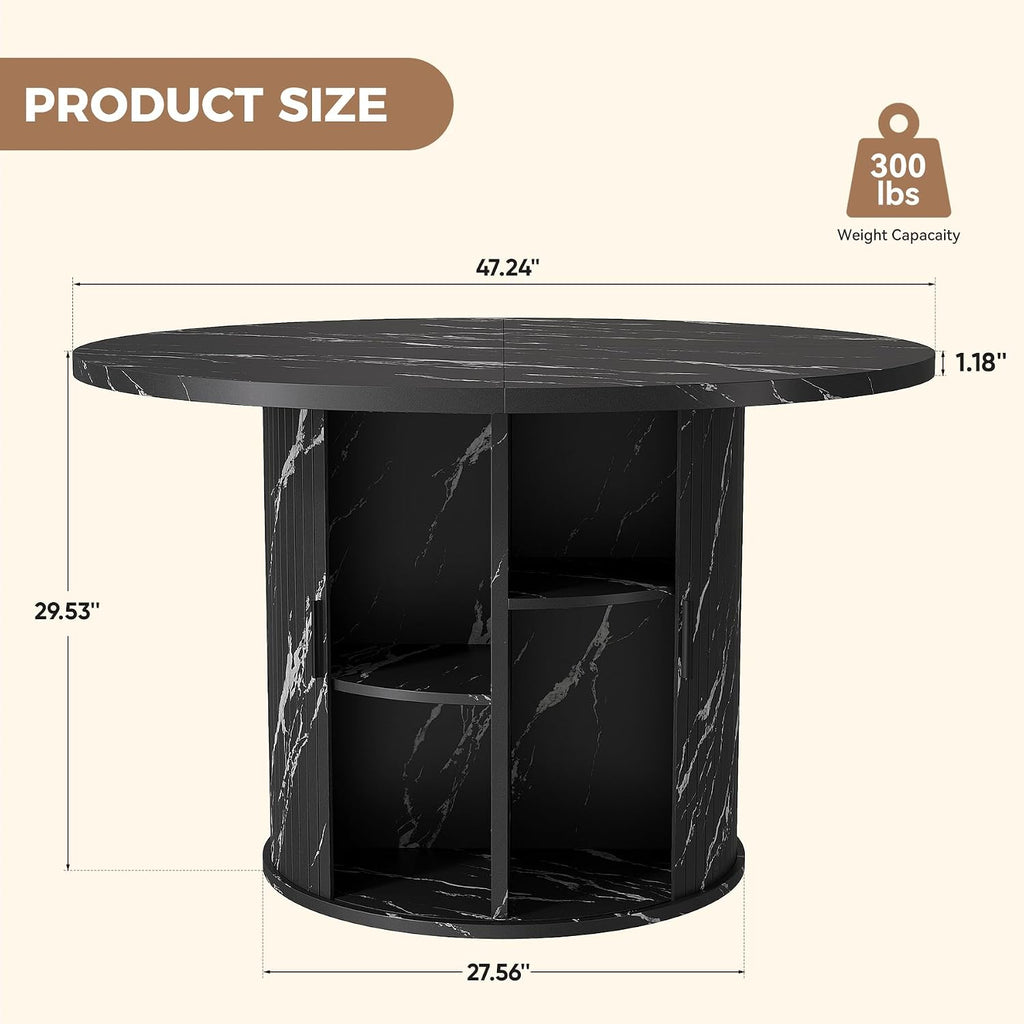 Nalupatio 47 Inch Round Dining Table for 4, Modern Farmhouse Kitchen Table with Half-Open Storage Shelf & Sliding Door, Circle Dinner Table for Dining Room, Black Faux Marble