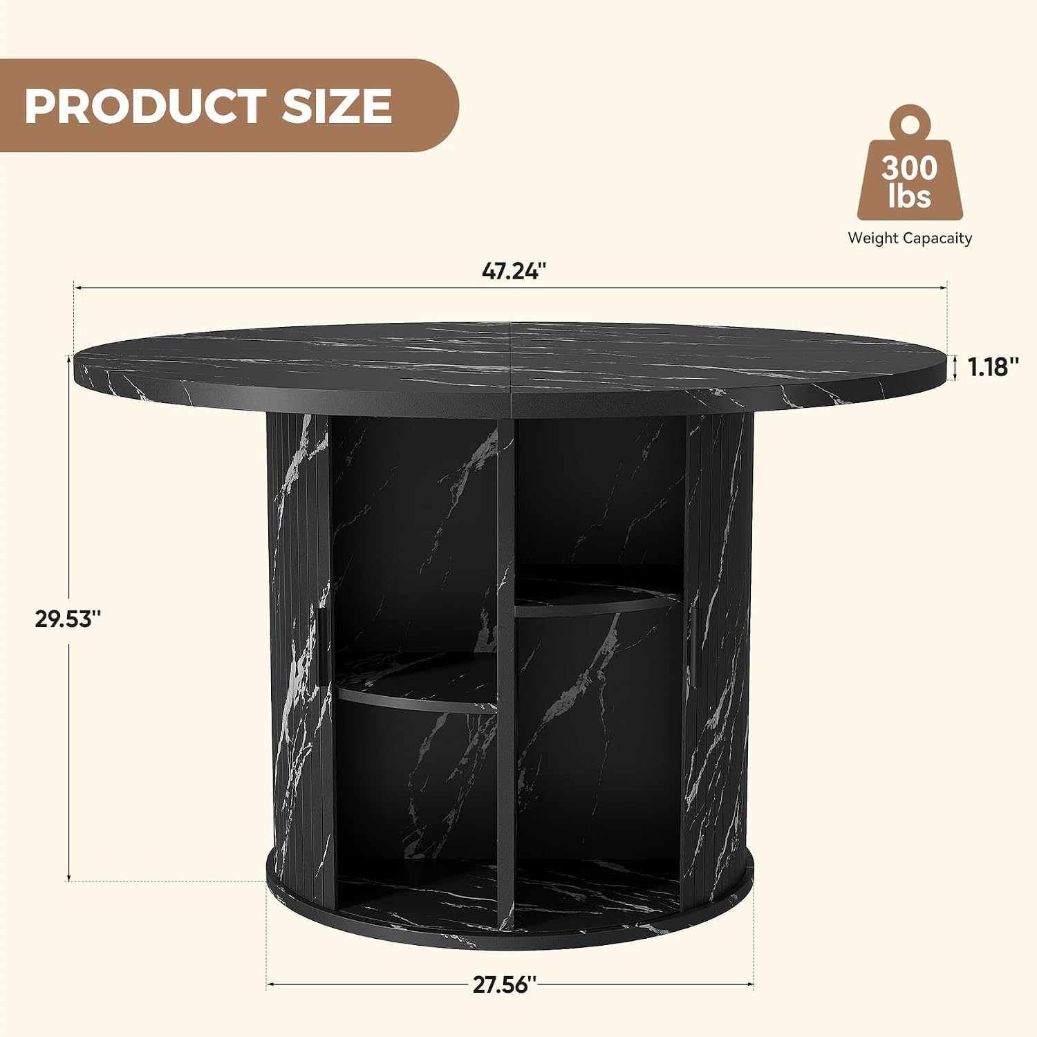 Nalupatio 47 Inch Round Dining Table for 4, Modern Farmhouse Kitchen Table with Half-Open Storage Shelf & Sliding Door, Circle Dinner Table for Dining Room, Black Faux Marble