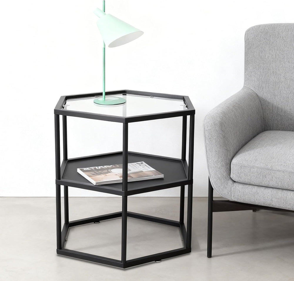 Side Table, Modern Coffee Tables with 2-Tier Storage with Metal Frame, Hexago...