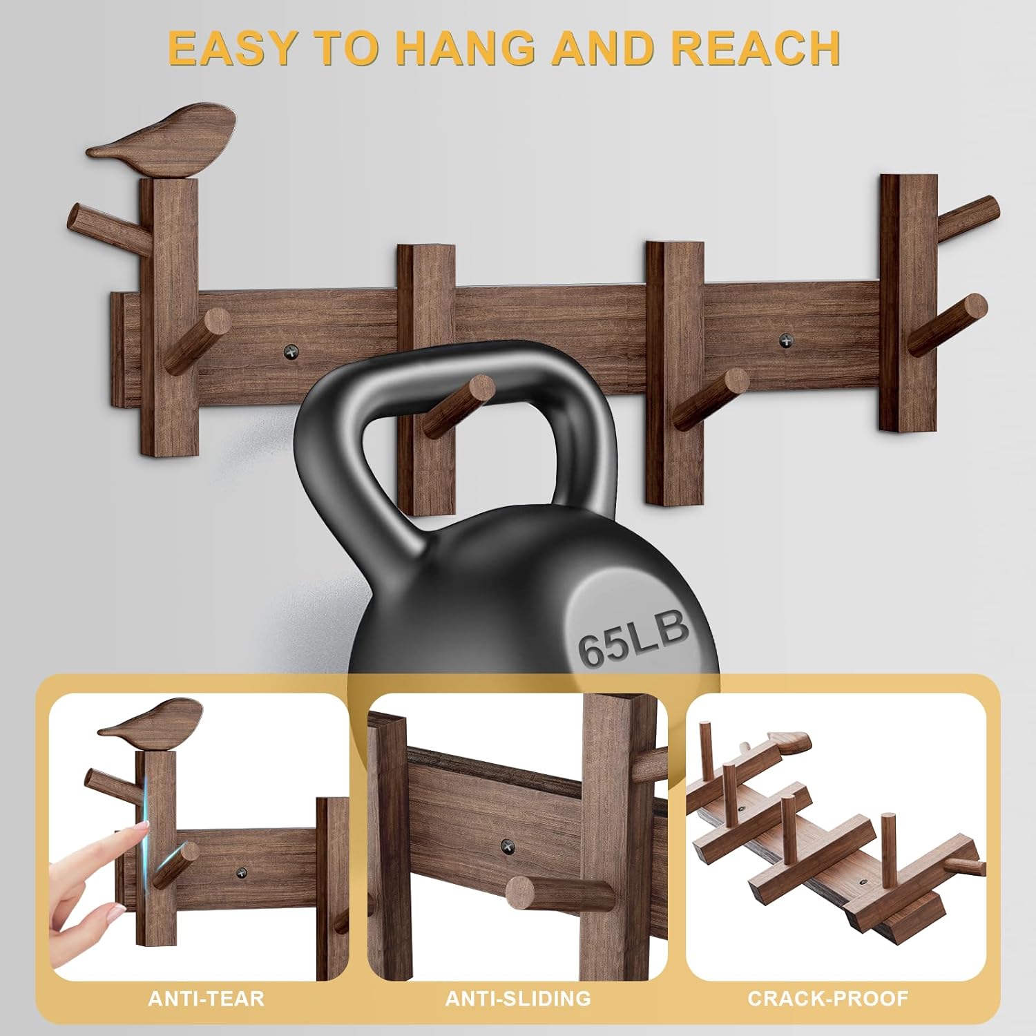 Coat Rack Wall Mount，Solid Acacia Wall Mounted Coat Rack with 4+2 Heavy Duty Wall Hooks for Hanging Coats，Backpacks，Towels，etc. Coat Hooks Wall Mount for Entryway, Bathroom,etc