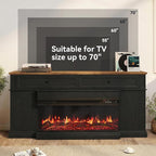 63" Farmhouse TV Stand with Fireplace for TVs up to 70", Media Entertainment Center with Adjustable Shelves, Farmhouse TV Console for Living Room, Black & Black