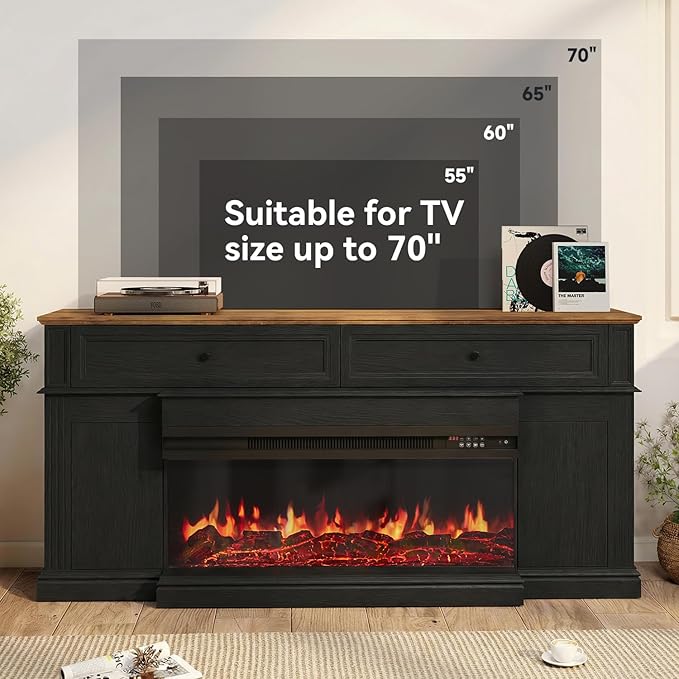 63" Farmhouse TV Stand with Fireplace for TVs up to 70", Media Entertainment Center with Adjustable Shelves, Farmhouse TV Console for Living Room, Black & Black