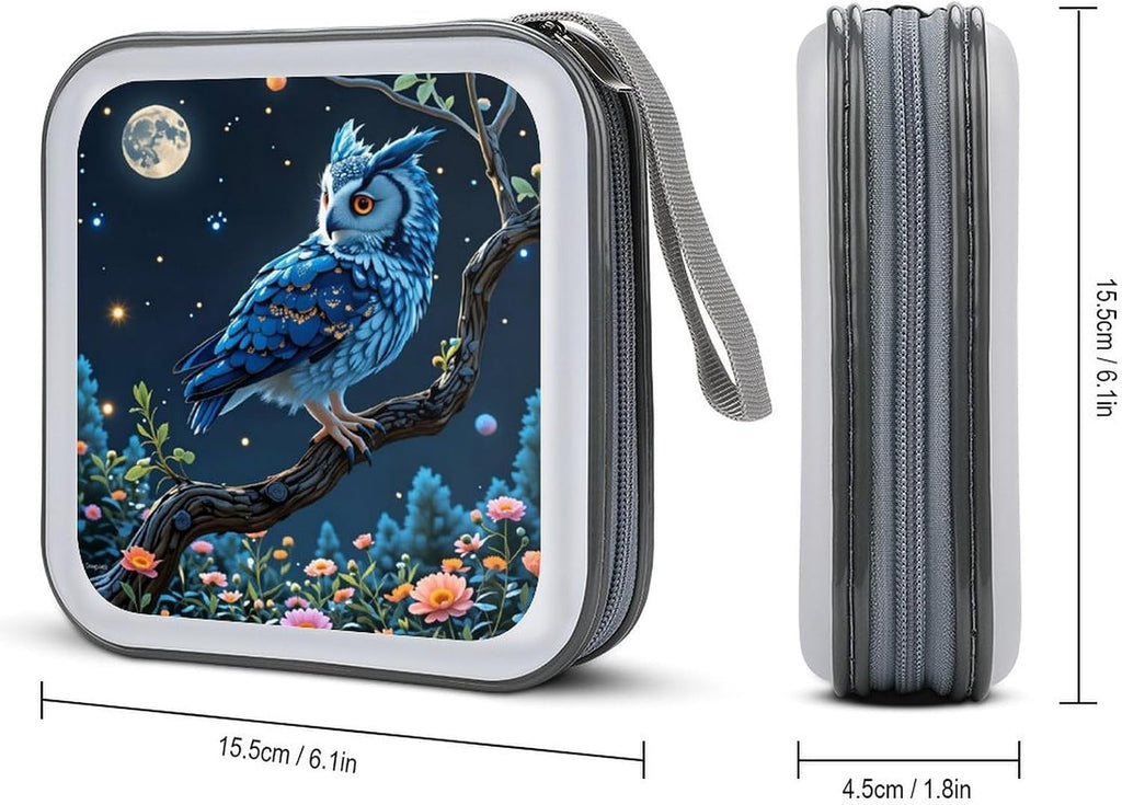 One Enchanted Night Owl CD DVD Case Holder, 40 Disc Storage Wallet with Exclusive Printed Design, Zipper Closure And Handle for Music Movies Games Travel Car