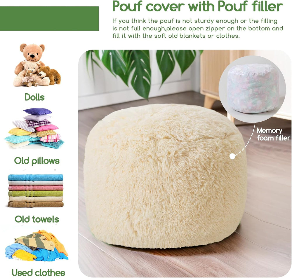 HIGOGOGO Round Stuffed Pouf Ottoman, Long Faux Fur Poufs with Foam Chunk Fill...