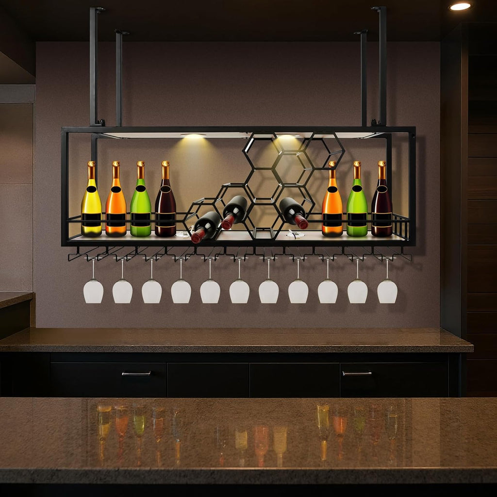Metal Hanging Wine Rack, Metal Bar Liquor Bottle Display Shelf Wall Wine Storage Rack (120x30x40cm Black)