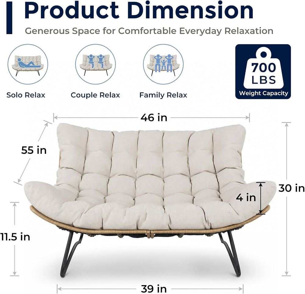 SWITTE Outdoor Papasan Loveseat, Oversized Double Wicker Egg Chair with Cushi...