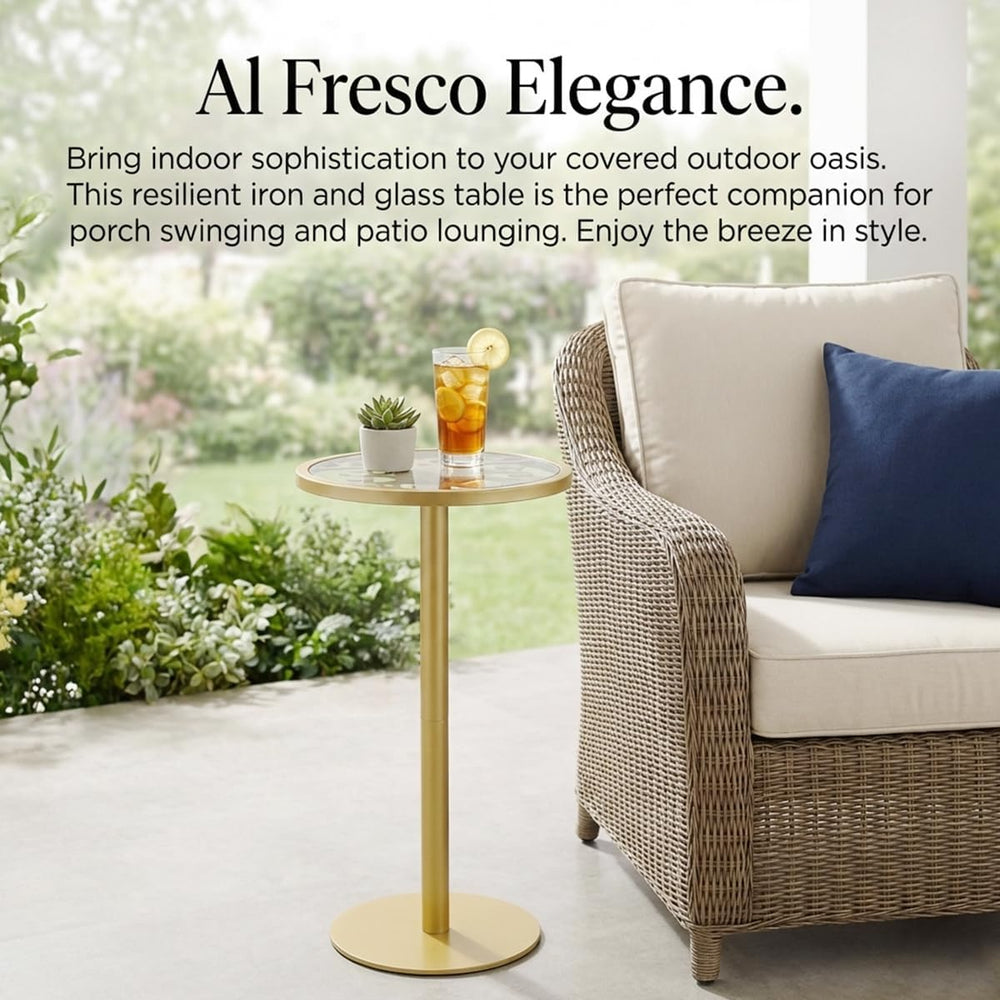 Gold Drink Table, Indoor Outdoor Small Round Side Table with Tempered Glass T...