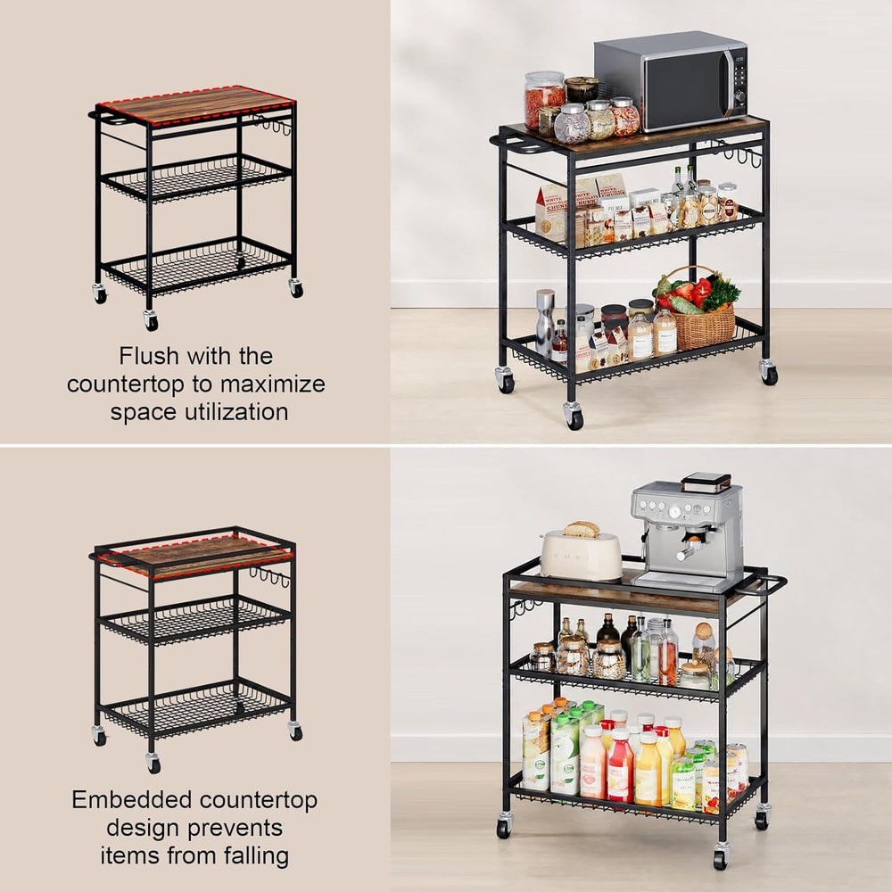 3 Tier Heavy Duty Rolling Kitchen Cart with Handle & Locking Wheels – Met...