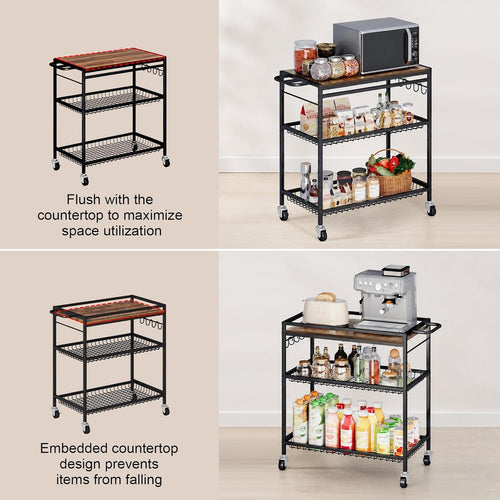 3 Tier Heavy Duty Rolling Kitchen Cart with Handle & Locking Wheels – Metal Utility Storage Cart for Kitchen, Laundry Room, Garage & Office – Supports Over 150 lbs Mobile Organizer Shelf