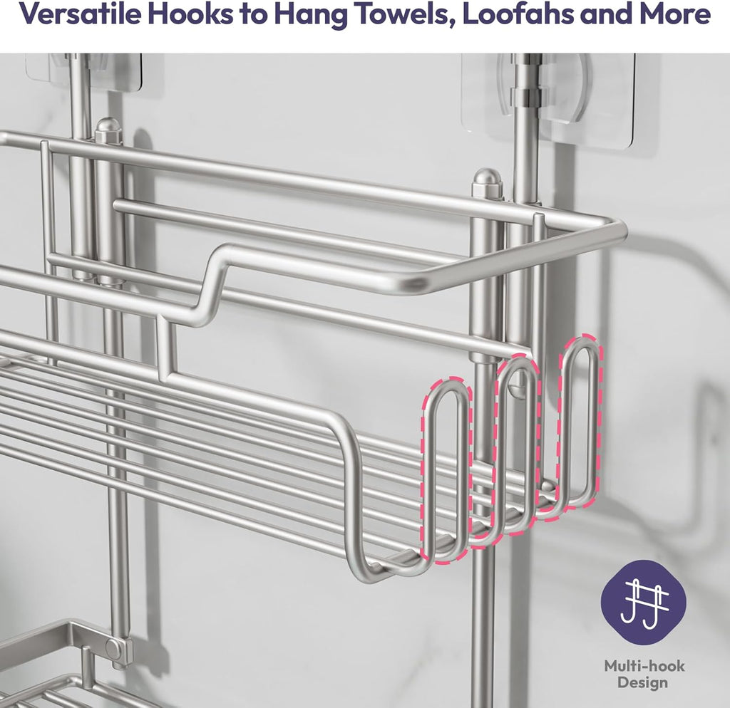 SWTYMIKI Bathroom Shower Caddy Hanging - 3 Tier Rustproof Over Shower Head Organizer, No Drilling Bathroom Shelf with 16 Hooks & Soap Holder, Anti-Swing Rack, Sand Nickel, Medium