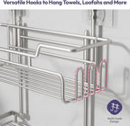SWTYMIKI Bathroom Shower Caddy Hanging - 3 Tier Rustproof Over Shower Head Organizer, No Drilling Bathroom Shelf with 16 Hooks & Soap Holder, Anti-Swing Rack, Sand Nickel, Medium
