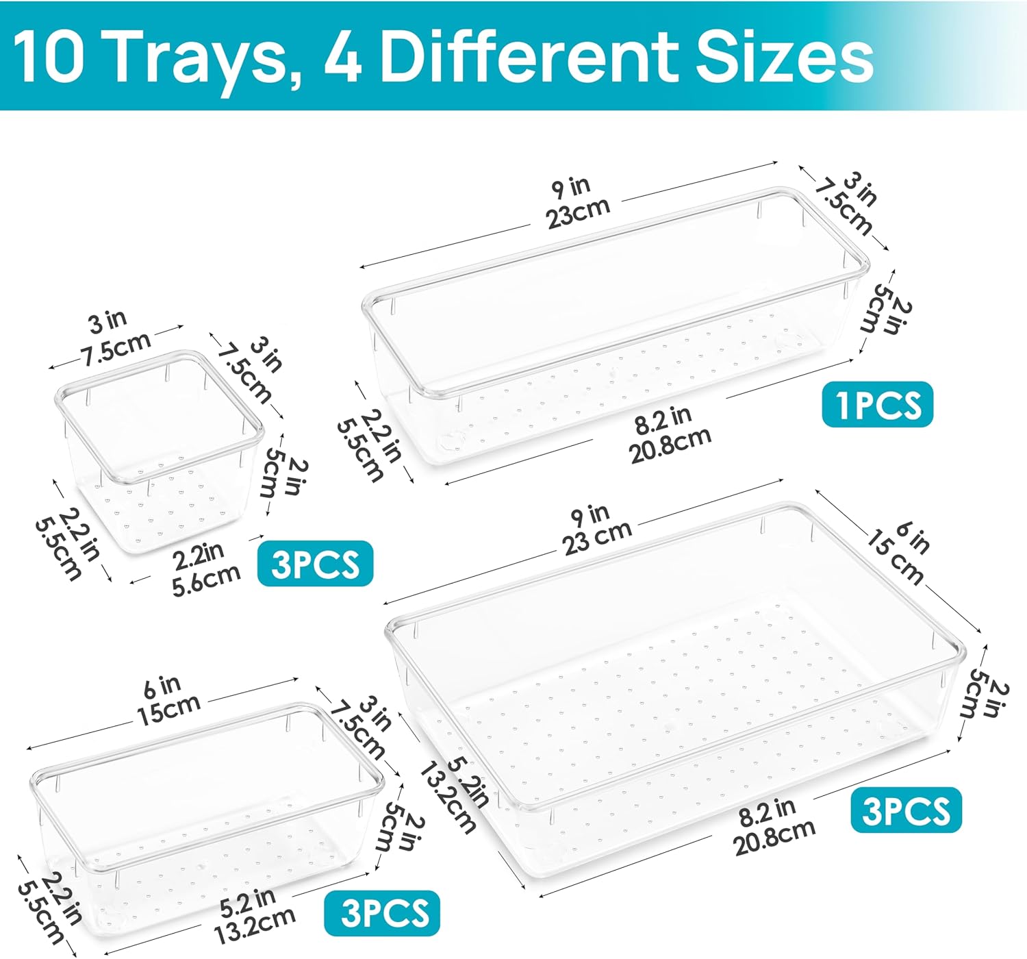 Vtopmart 10 Pcs Makeup Drawer Organizer Bins Set, 4 Size Plastic Makeup and Vanity Organizer Trays, Clear Acrylic Vanity Storage Containers for Cosmetics, Toiletries, Jewelry, Gadgets, Office Supply