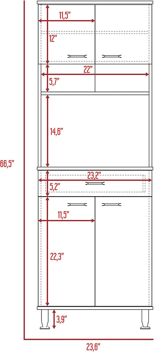 23.6" D*13.9" W*66.5" H Kitchen Pantry with 19.9" Drawer, 3 Shelves & 2 Double Doors, Sliver Door Handles, Farmhouse Rectangular Storage Cabinet, for Living Room, Dining Room, White
