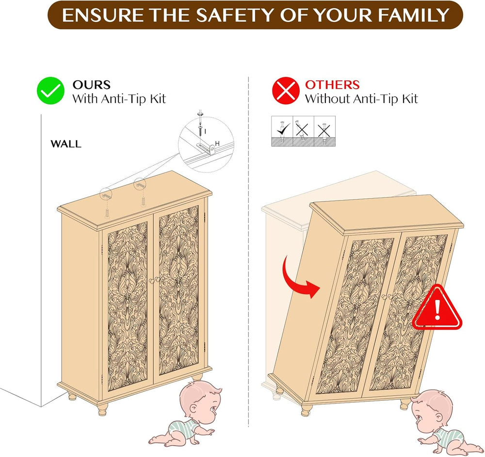 JOINICE 47" Tall Accent Cabinet with Carved Doors & Storage for Livi...