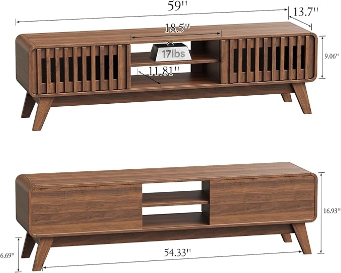 59" TV Stand for 55/60/65 inch TV, 2 Cabinets Mid Century Modern TV Stand, Wood Entertainment Center with Storage, TV and Media Console for Living Room, Bedroom, Office (Walnut)