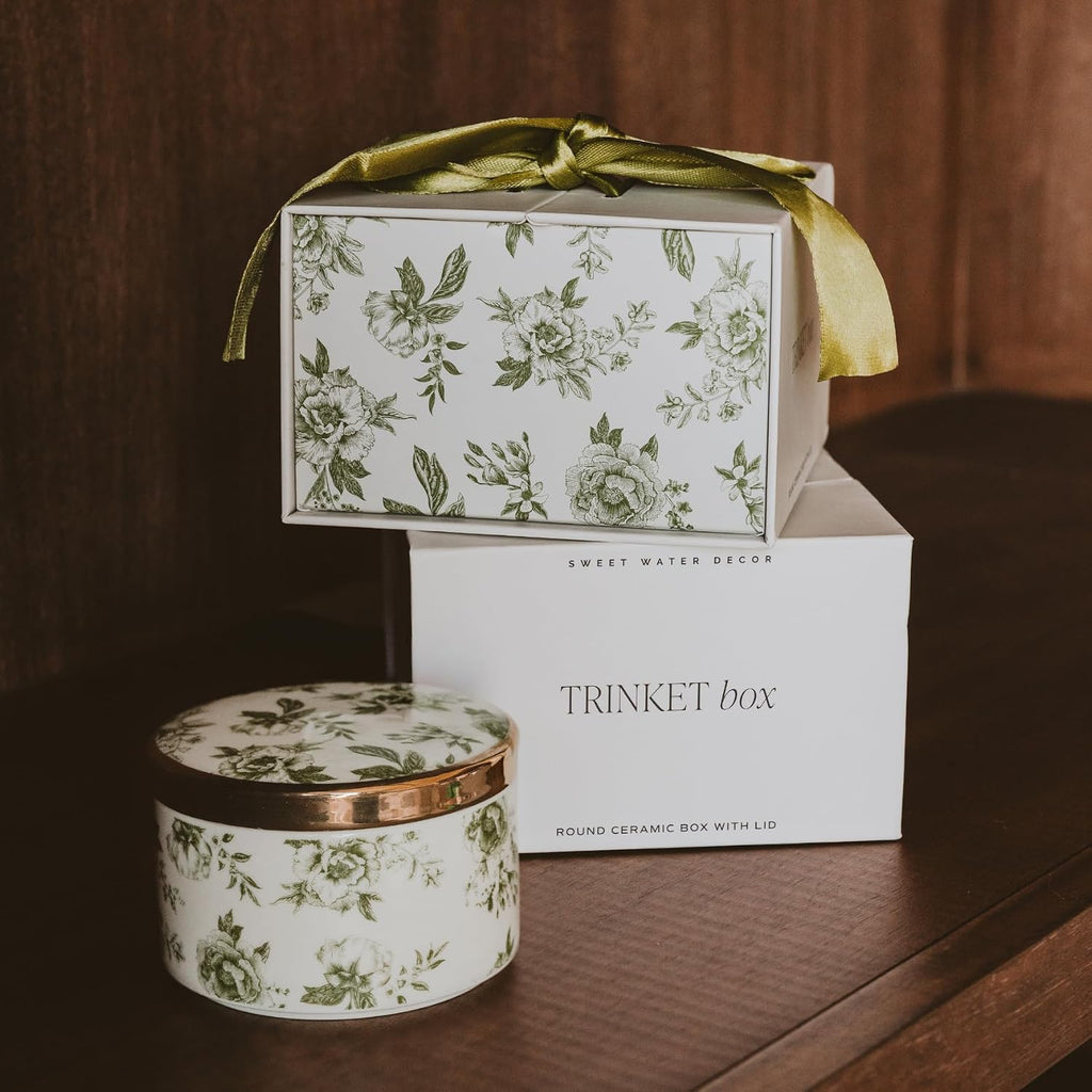 Sweet Water Decor Green Delft Round Trinket Box, Jewelry Storage for Bathroom Counter or Nightstand, Ring Holder for Bridal Shower, Wedding, or Home, Elegant Jewelry Holder & Organizer for Women