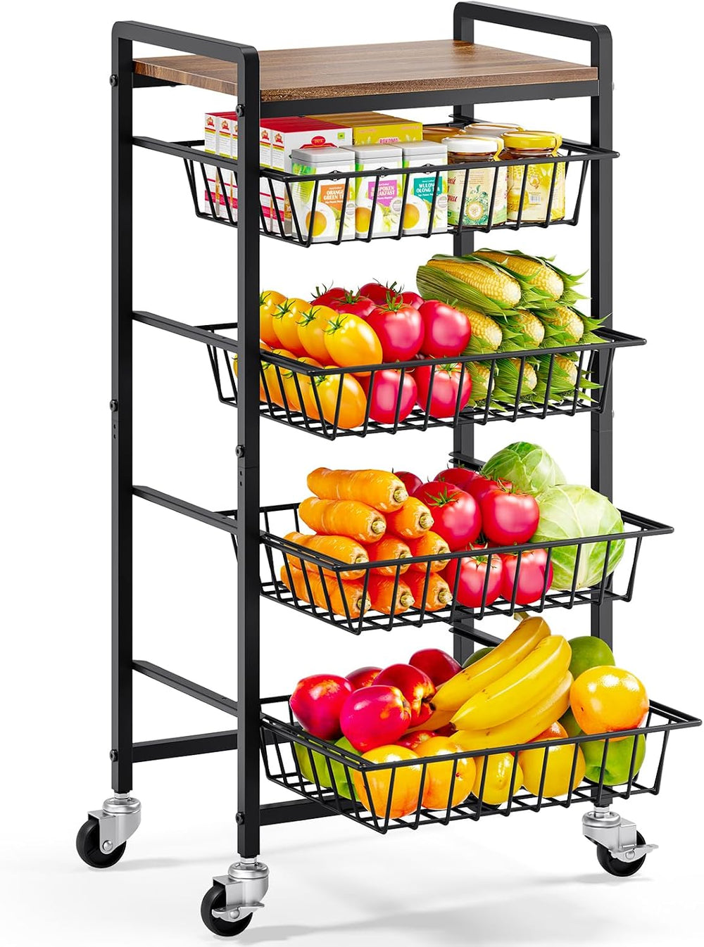 TOOLF 5 Tier Kitchen Storage Cart, Metal Utility Rolling Snack Cart | Wooden ...