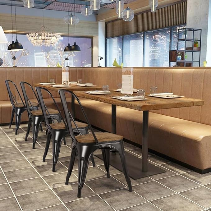 Yaheetech Metal Dining Chairs Set of 4, Industrial Stackable Kitchen Chairs with Wood Top Seat for Dining Room/Restaurant/Bistro/Patio, Indoor & Outdoor Use, Black