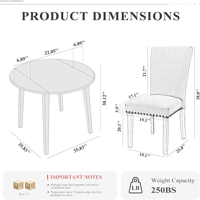 COLAMY 3-Piece Extendable Dining Table Set for 2, 36" Kitchen Round Wood Table with 2 Nailhead Dining Room Chairs,Light Brown/Brown
