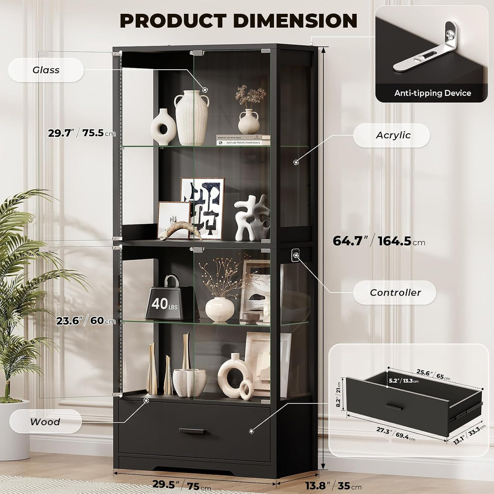 BROTTAR 4-Tier Display Cabinet with Glass Doors and Drawer for Collectibles